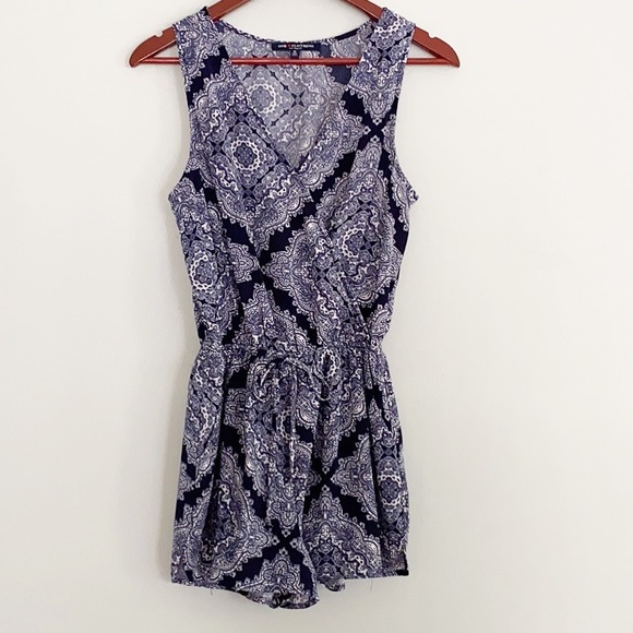 One Clothing Blue Boho Surplice Romper with Pockets - Picture 2 of 6